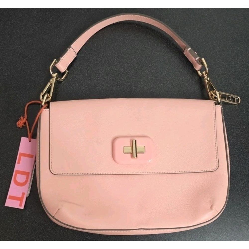 NWT LDT Jill Baguette Leather Flap Shoulder Bag Baby Pink Barbie Prep Gold‎